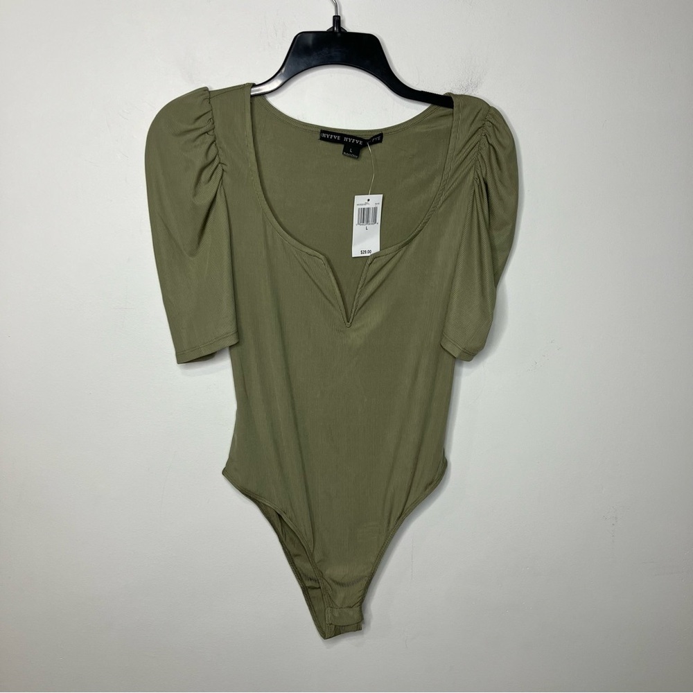 HYFVE army green puffed sleeve ribbed bodysuit size large new with tags